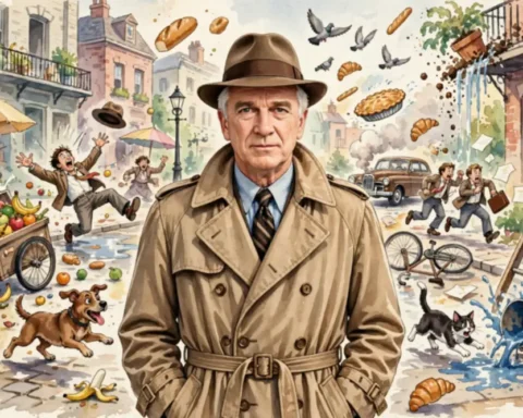 Leslie Nielsen daughter story — the deadpan comedy legend in his 1980s spoof-film detective trench coat, silver hair and straight face