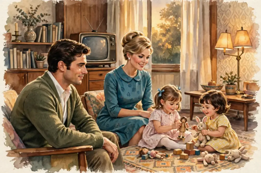 Leslie Nielsen daughter years — a warm 1960s family illustration of the young dramatic actor at home with his wife and two young daughters