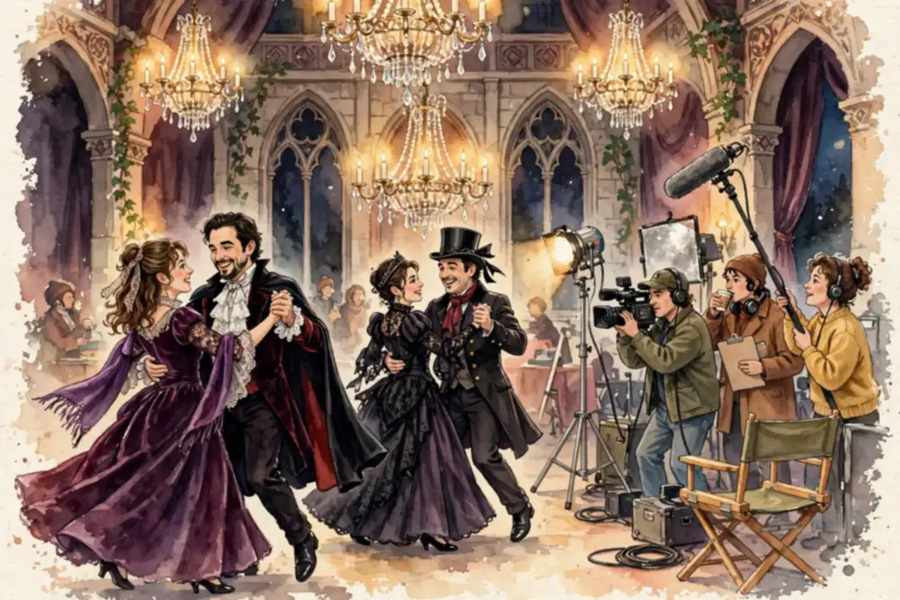 Leslie Nielsen daughter Thea's era — a 1990s comedy film-set ballroom illustration evoking Dracula: Dead and Loving It